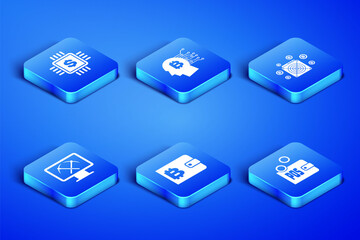 Set Proof of stake, Processor chip with dollar, Cryptocurrency wallet, Mining monitor and pickaxe, Bitcoin think and ASIC Miner icon. Vector