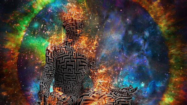 Space meditation. Burning man in lotus pose meditate in deep space