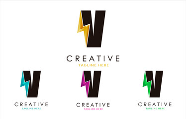 Letter V Lightning Bolt Logo Set Concept. 3d Electrical Logo Design
