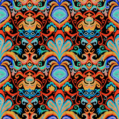 Fototapeta na wymiar Colorful ikat pattern in vintage style. Elegant ethnic background. Hand drawn oriental art. Seamless geometric vintage texture. 
