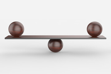 wooden scale balancing two big wodden balls concept of harmony and balance. 3d illustration