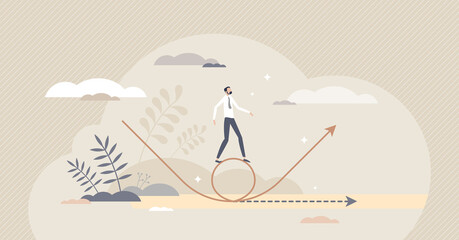 Pivoting as strategy change and redirection for growth tiny person concept. New plan motion with better business course vector illustration. Shift direction upward for successful process evolution.