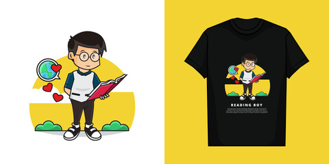 Illustration Vector Graphic of Cute Boy Reading a Book About the World.. with T-Shirt Mockup Design..