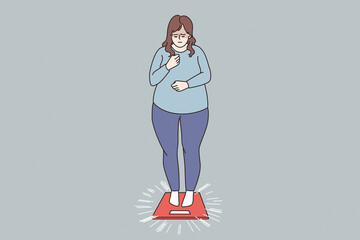 Overweight and Obese people concept. Fat obese sad woman standing on scales having weight problems feeling stressed vector illustration 