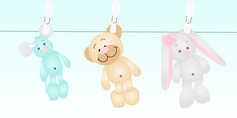 soft toys dry on a rope