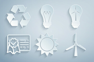 Set Sun, Light bulb with wind turbine, Certificate template, Wind, and Recycle symbol icon. Vector