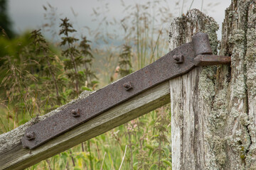 Old hinge hanging on the beam. © Jaroslaw