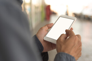 Cell phone mockup image blanks white screen. man hand holding texting using mobile. background empty space for advertising. work people contact marketing business, technology