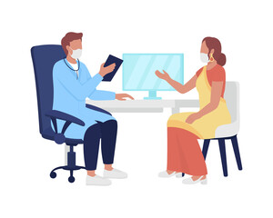 Woman tells doctor about health issues semi flat color vector characters. Full body people on white. Physician appointment isolated modern cartoon style illustration for graphic design and animation