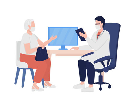 doctor consulting patient wearing mask at desk clip art preview