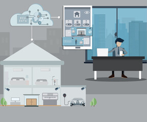 Flat design of internet of things concept, Young man checking his house from mobile application  - vector