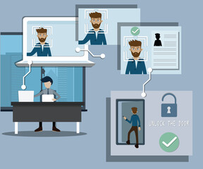 Flat of facial recognition system,A man used laptop approval his friend come inside his house - vector