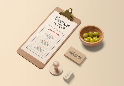 Menu with Business Cards and Stamps Mockup