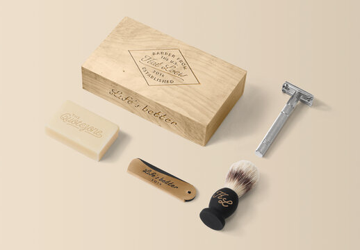 Wodden Box with Soap and Shaving Brush Mockup