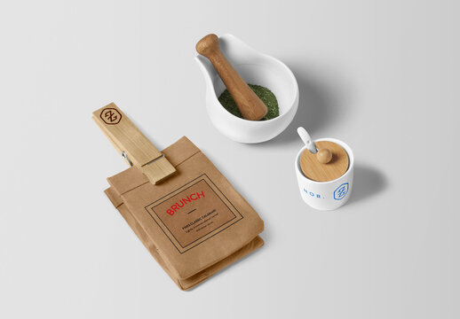 Paper Bag with Clip and Spices Bowl Mockup