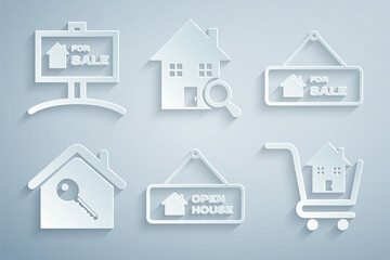 Set Hanging sign with Open house, For Sale, House key, Shopping cart, Search and icon. Vector