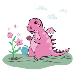 Pink Dinosaur cartoon character and flower vector illustration drawing