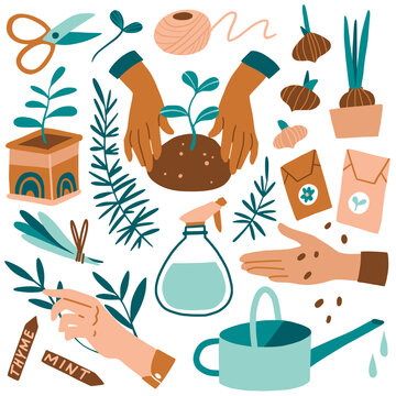 Vector hand drawn illustrations of gardening. Cute garden work elements: tools, seeds, flower pot, watering can. Hands holding young plants. Images for gardener farm, flower store. Spring, summer time