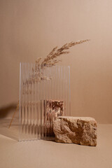 Podium stand and textured glass on pastel background with natural plant. Mock up for the...