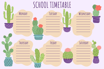 School Timetable. Weekly schedule vector template for school students.