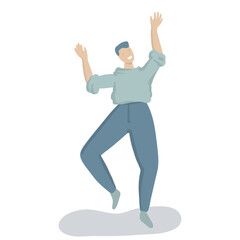 Fototapeta na wymiar Happy man is dancing and jumping. Trendy flat vector character is laughing from joy. Young teenager in casual wear.