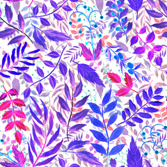Watercolor seamless pattern with vintage leaves. Beautiful botanical print with colorful foliage for decorative design. Bright spring or summer background. Vintage wedding decor. Textile design.	