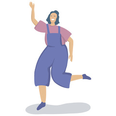 Happy woman character with victory sign. Proud female character with teeth smile. Trendy vector flat personage.