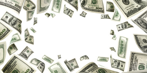 Dollar bill. Washington American cash. Usd money white background. Money falling.