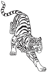 Peaceful tiger climbing down. Black and white tattoo. Graphic style vector illustration