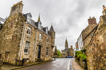 A view up the High Street in Falkland, Scotland on a summers day