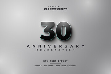 30th anniversary text effect with 3D black numbers on silver background. 