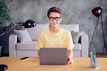 Portrait of attractive cheerful skilled girl copywriter using laptop it project start-up at home...