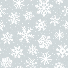 Vector Winter Snowflakes Seamless Pattern. Christmas scandinavian hand drawn white snow print on grey background. New year Snowfall texture for print, wrapping paper, design, fabric, decor, gift