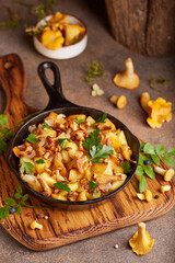 Potatoes roasted with chanterelles mushrooms and onion served with parsley leaves. Vegetarian dish. 