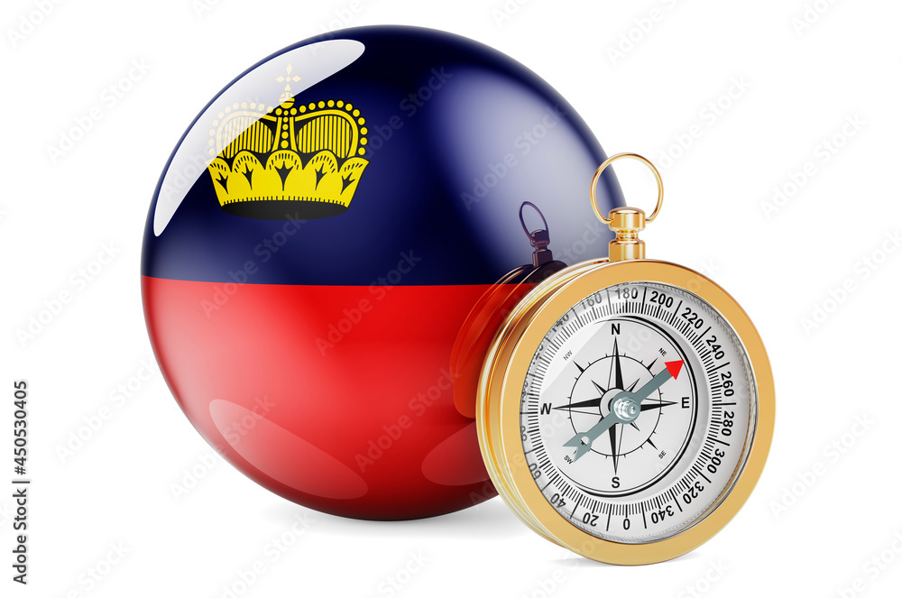 Poster compass with liechtensteiner flag. travel and tourism in liechtenstein concept. 3d rendering