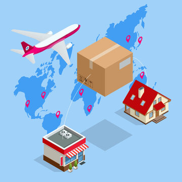 Isometric Delivery by Air Service, Global logistic, Transportation. Business Product Shipping Delivery Transfer.