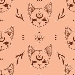 Seamless pattern with doodle mystic cat heads