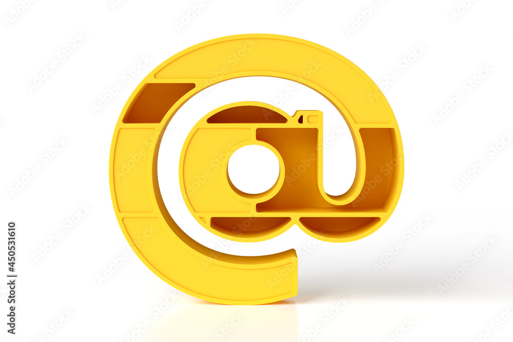Poster yellow email at sign. 3d font made of plastic shapes. high resolution 3d rendering.