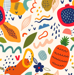 Seamless pattern with fruits and abstract elements. Abstract hand drawn seamless colourful pattern with Pineapple, Papaya and Pitaya