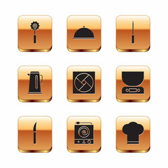 Set Pizza knife, Knife, Electric stove, Ventilation, Kettle with handle, sharpener, Chef hat and Covered tray icon. Vector © vector_v