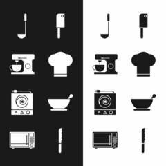 Set Chef hat, Electric mixer, Kitchen ladle, Meat chopper, stove, Mortar and pestle, Bread knife and Microwave oven icon. Vector