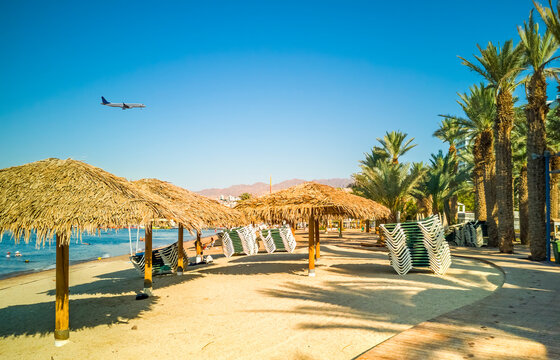 Central public beach in Eilat - famous tourist resort and recreational city in Israel and Middle East