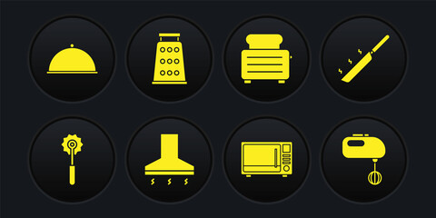 Set Pizza knife, Frying pan, Kitchen extractor fan, Microwave oven, Toaster with toasts, Grater, Electric mixer and Covered tray icon. Vector