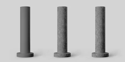 Deurstickers Black concrete cylindrical columns with round plinth and cracks isolated on grey background. Realistic dark cement 3d pillar for interior or bridge construction. Vector textured concrete pole base © janevasileva