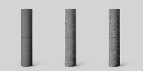 Black concrete cylindrical columns with cracks set isolated on grey background. Realistic dark cement 3d pillar for modern room interior or bridge construction. Vector textured concrete pole base