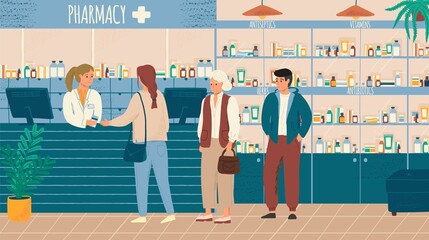 People in queue buying drugs in pharmacy store vector illustration. Pharmacist and clients in counter at pharmacy shop. Drugstore interior with shelves full of drugs © Wanlee