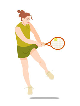 A girl or woman - a tennis player, holding a tennis racket in his hand on the sports ground, jumping and hitting the ball. Vector sports illustration. Active rest, big tennis.