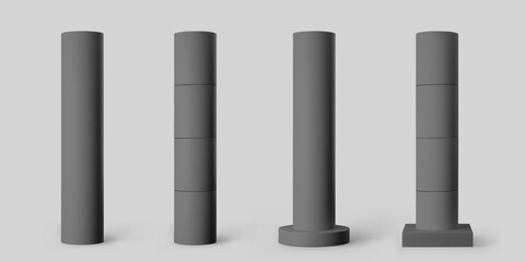 Base black cylindrical columns set isolated on grey background. Realistic 3d pillar for modern room interior or bridge construction. Vector render pole base for banner or billboard