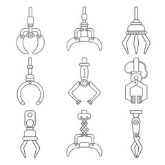 Robotic Claw stroke cute icon set on a white background. Grip robotic claw in factory. Cartoon concept Vector illustration of the claw game device. outline icon. thin line