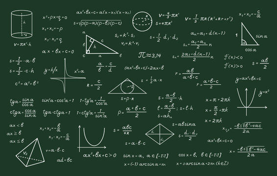 Complex math calculations with chalk green chalkboard illustration. Trigonometric formulas with algebraic computation with geometric drawings basic equations and theorem. Vector university.